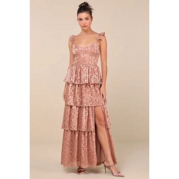 Lulus Dusty Pink Floral Bustier Tiered Side Slit Maxi Dress XL